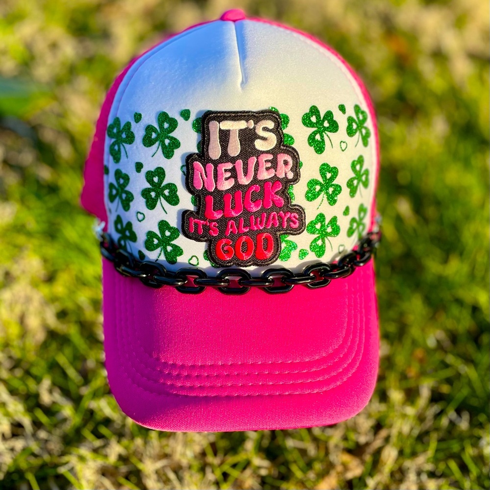 Pink & White trucker hat, St. Patrick’s Day, Christian design by Me.